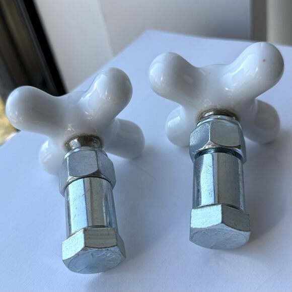 Antique J.H. Balmer Co White Porcelain Cross Handles Hot & Cold Faucet Knobs Set - Picture 8 of 9